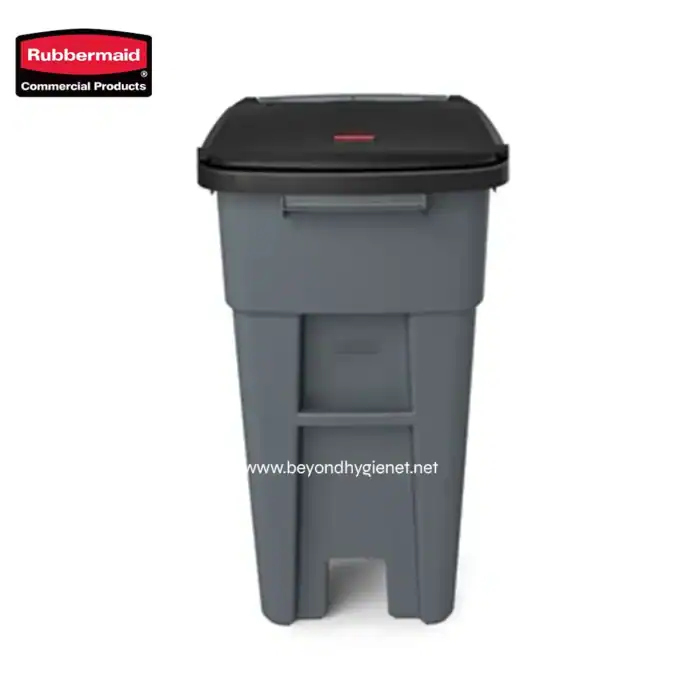 Rubbermaid commercial trash bin with black lid, durable sanitation waste container for office, industrial, or outdoor use.
