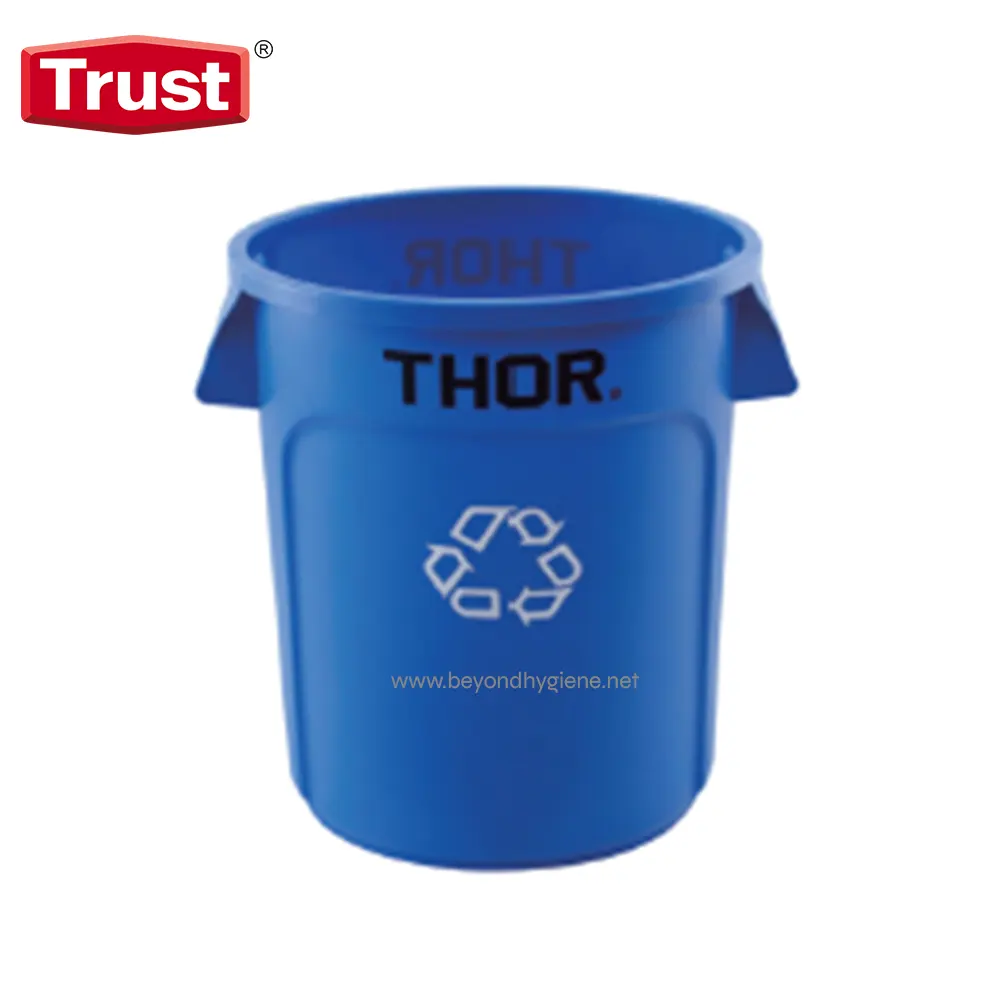 1018 Blue recycling bin for waste disposal with Thor branding and recycling symbol, used for sustainable waste management, from Beyond Hygiene Asia Trust.
