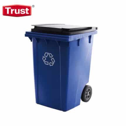 Blue recycling bin with lid for waste separation and environmental sustainability at Beyond Hygiene Asia.