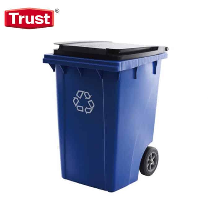 Blue recycling bin with lid for waste separation and environmental sustainability at Beyond Hygiene Asia.