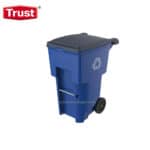 Blue wheeled trash bin with black lid for waste disposal and recycling, suitable for commercial and industrial cleaning, durable container for sanitation purposes, Beyond Hygiene Asia trust brand.