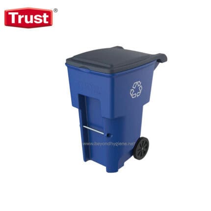 Blue wheeled trash bin with black lid for waste disposal and recycling, suitable for commercial and industrial cleaning, durable container for sanitation purposes, Beyond Hygiene Asia trust brand.