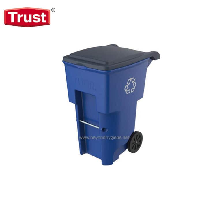 Blue wheeled trash bin with black lid for waste disposal and recycling, suitable for commercial and industrial cleaning, durable container for sanitation purposes, Beyond Hygiene Asia trust brand.
