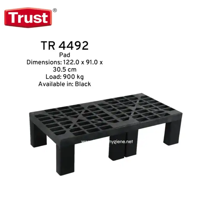 TR 4492 black plastic pallet for industrial shipping and storage with heavy-duty load capacity.