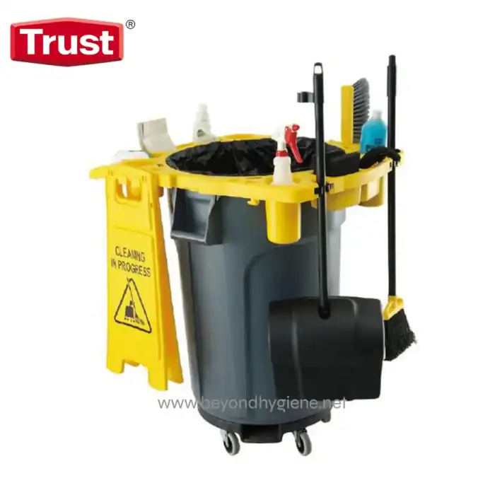 Trust cleaning cart with mop and cleaning supplies for janitorial service.