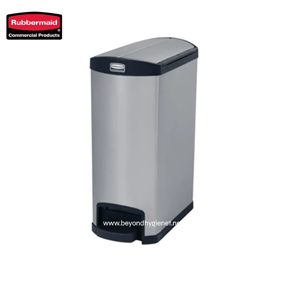 2 Rubbermaid automatic trash can, commercial quality, durable waste disposal bin suitable for office or public spaces, with foot pedal for hands-free operation.