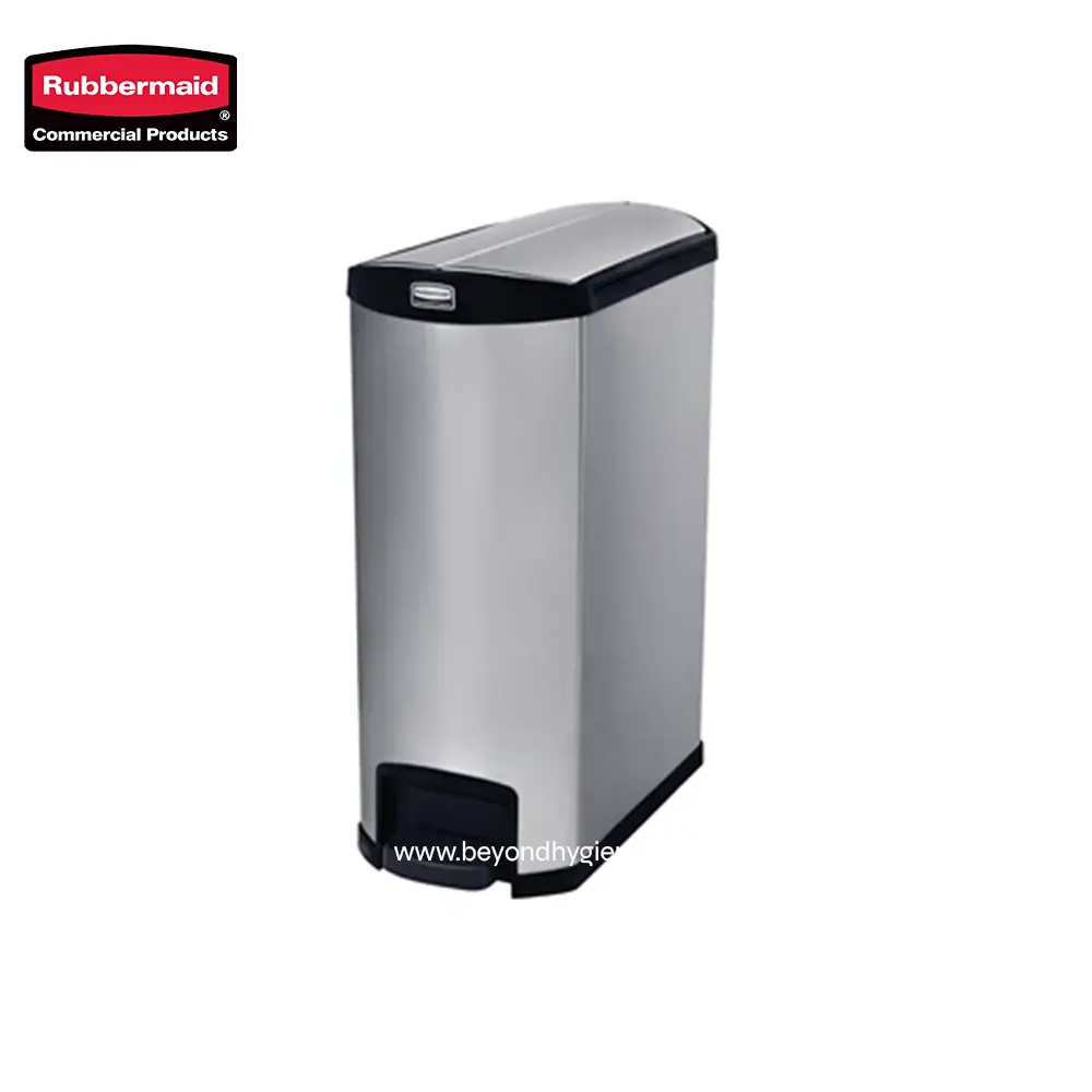 2 Rubbermaid stainless steel touchless trash bin for commercial hygiene and waste management in Asia, durable and hygienic waste disposal solution.