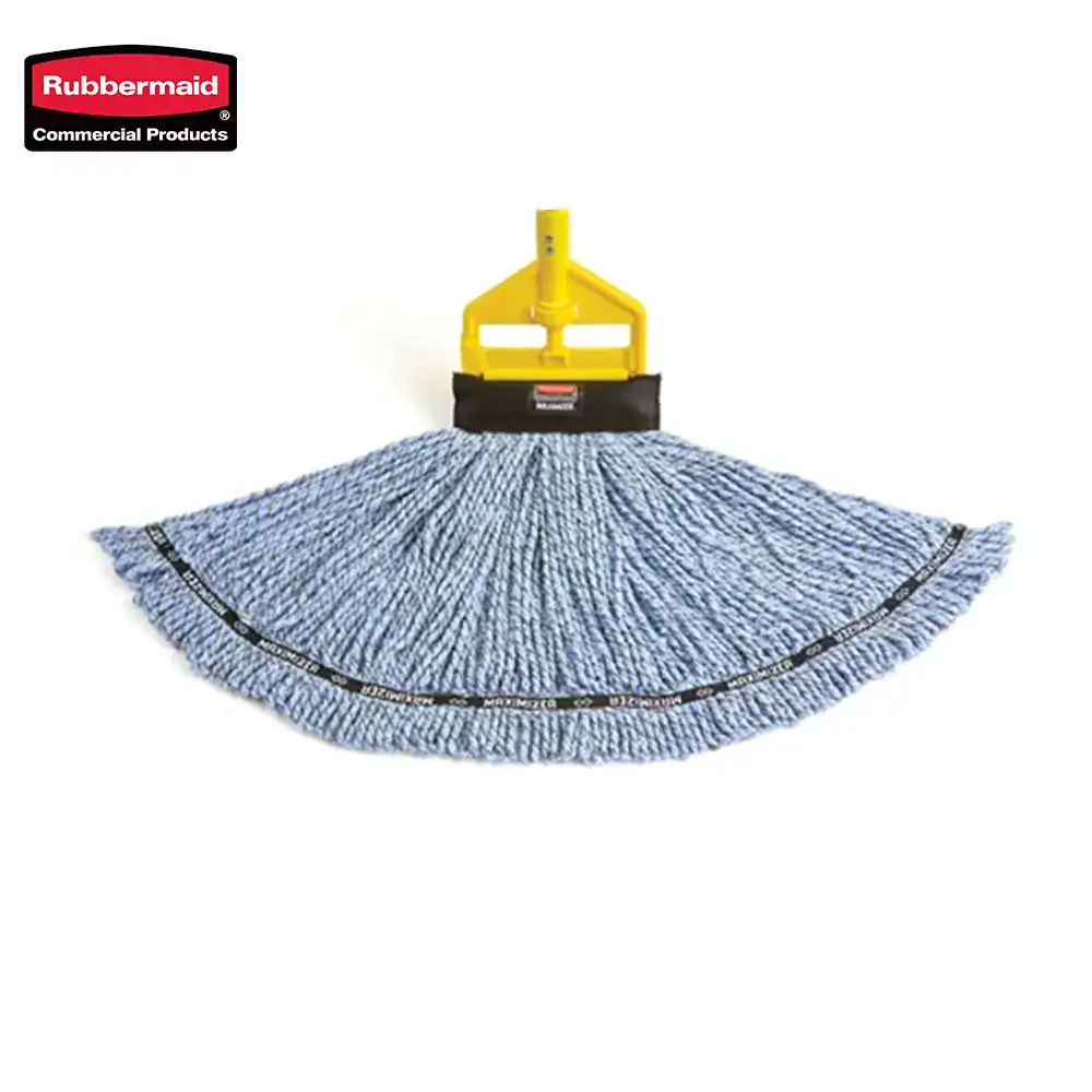 2 Rubbermaid commercial microfiber dust mop with yellow handle, ideal for industrial and janitorial cleaning, promoting hygiene and efficient surface sanitation.