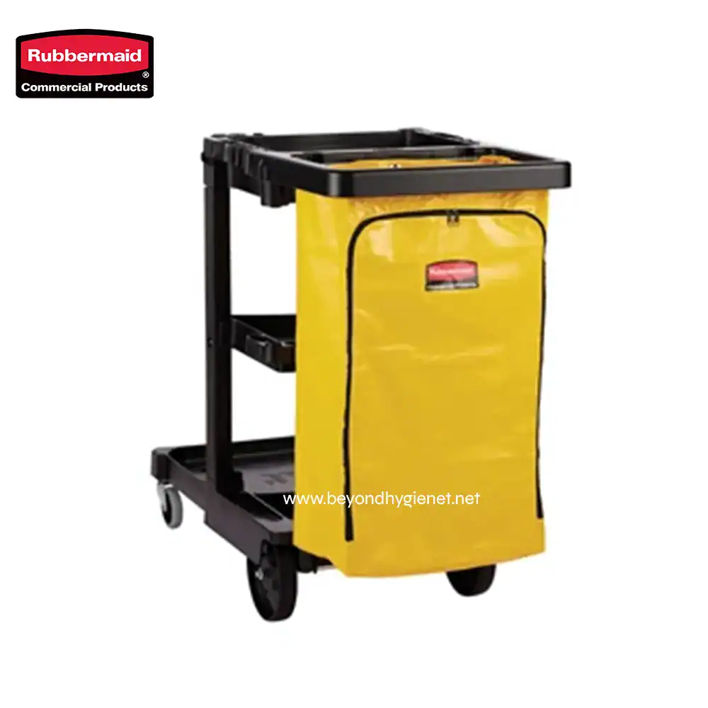 2 Yellow cleaning cart with detachable wheels for janitorial and housekeeping services.