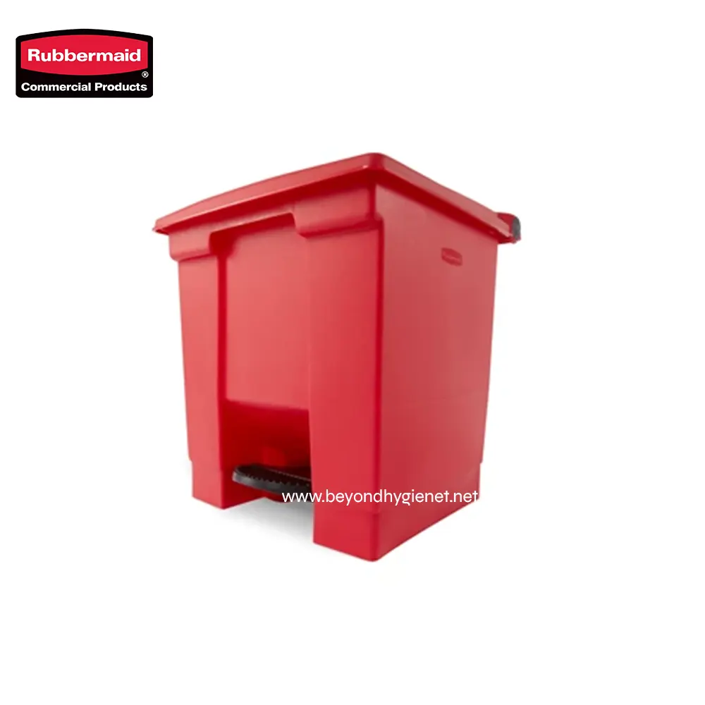 2 Rubbermaid red plastic trash bin for commercial waste disposal, durable sanitation waste receptacle for janitorial hygiene needs.