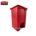 Rubbermaid red trash bin, durable commercial waste receptacle, hygienic indoor waste disposal, heavy-duty garbage container for office and industrial use.