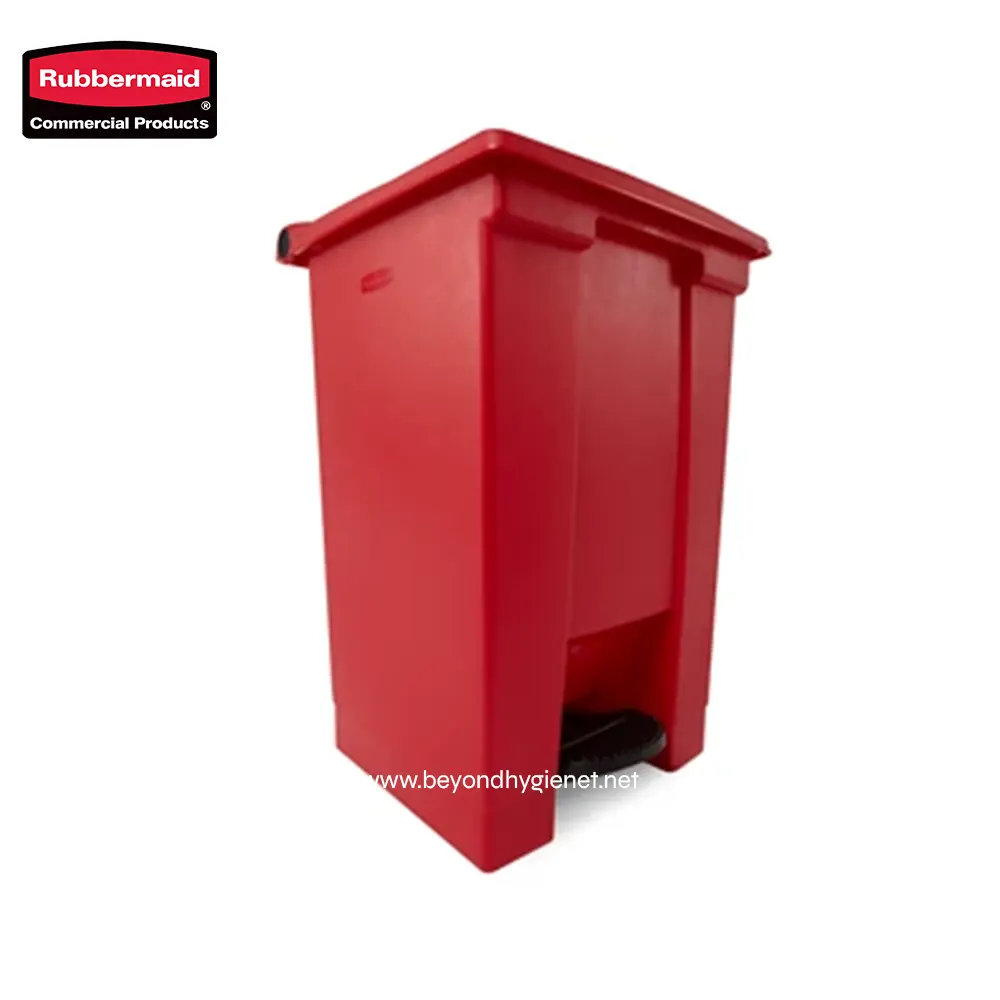2 Rubbermaid red trash bin, durable commercial waste receptacle, hygienic indoor waste disposal, heavy-duty garbage container for office and industrial use.