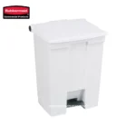 Rubbermaid push foot pedal trash bin, ideal for commercial and industrial hygiene waste disposal, durable plastic waste container with foot pedal design for hands-free operation.