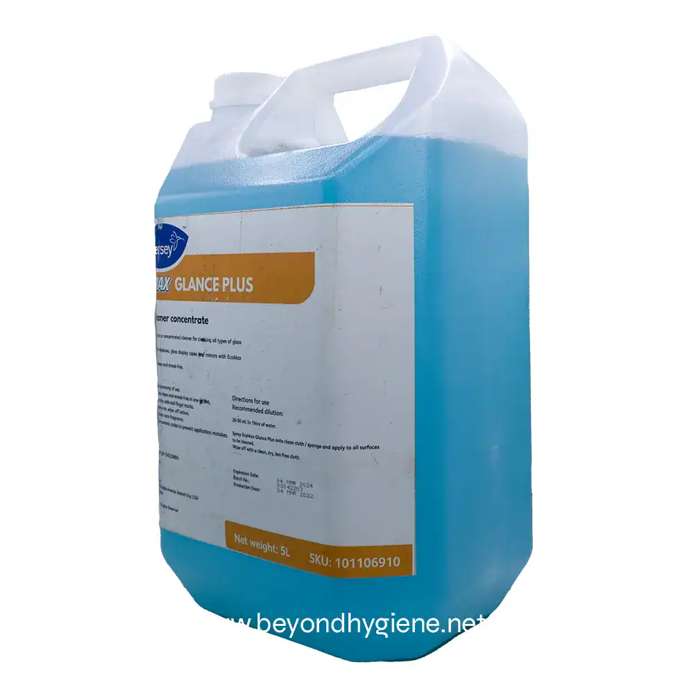 2 Blue glass cleaner concentrate in a 5-liter container, ideal for commercial and industrial cleaning, featuring EcoMax formulation for effective stain removal. Suitable for various glass surfaces.