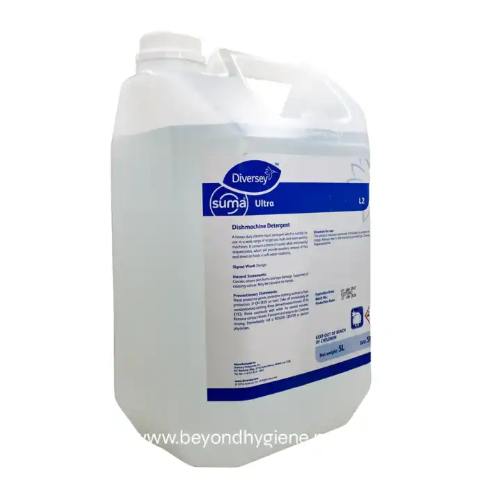 Dishy machine detergent container, large 5L plastic bottle with handle for commercial dishwashing use, hygiene cleaning product from Beyond Hygiene Asia.