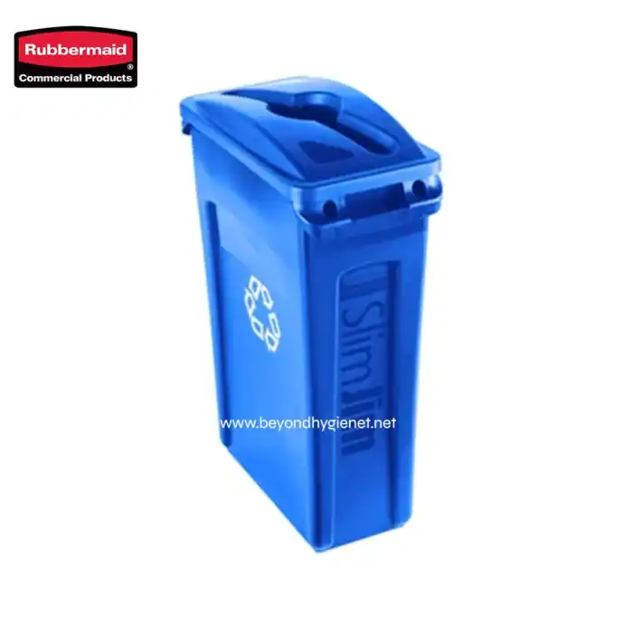 Recycling trash bin for waste separation, designated for plastics, made of durable blue plastic, ideal for commercial and industrial waste management in Asia.