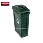 Rubbermaid outdoor trash bin, commercial waste container for waste management, durable garbage receptacle for hygienic disposal solutions in public and industrial spaces.