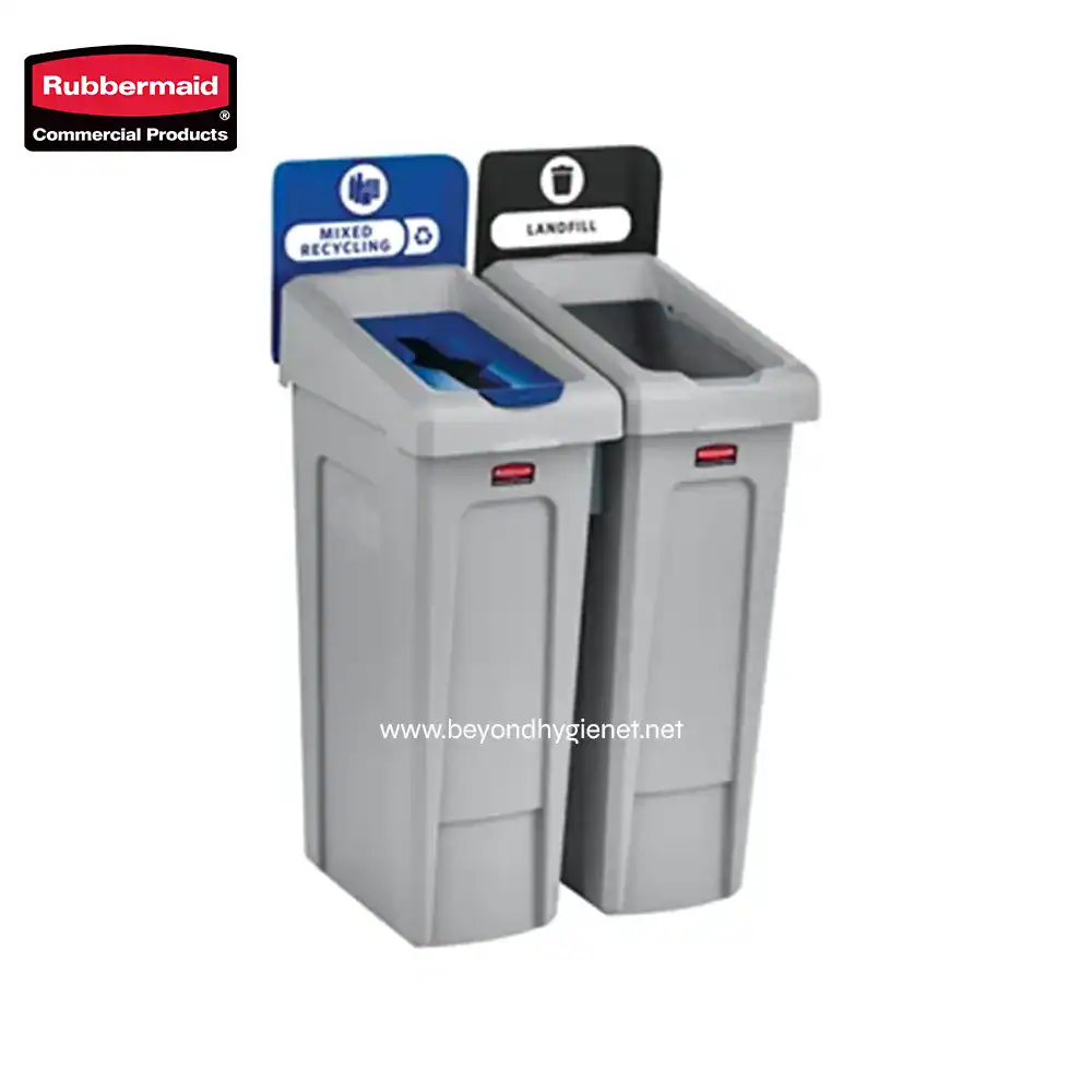 2 Rubbermaid commercial recycling and landfill trash bins, durable waste management containers for office and public spaces.