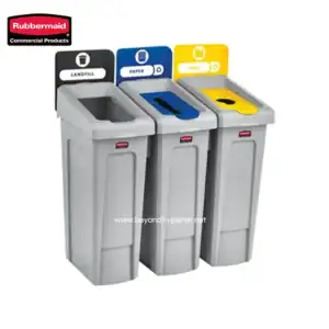 DETAILS The Rubbermaid Commercial Slim Jim® Recycling Station offers a front-of-house look with back-of-house functionality. Features and Benefits: Intuitive lid openings help patrons and staff sort recyclables more effectively. Provide better waste stream visibility by selecting a color and waste stream label for your facility needs. Hinging lid inserts are optimized to fit any size recyclable. Simple and durable execution. Components snap in place without the use of hardware. GET CUSTOM LABEL SOLUTIONS In partnership with SpecialMade Goods and Services®, you can leverage tailored dielines designed for a perfect fit with RCP containers to meet your facility's recycling, branding or other custom graphic needs. Choose between standard or custom labels. LEARN MORE SPECIFICATIONS U.S. Metric Product Length 21.50 in 54.61 cm Product Width 36.00 in 91.44 cm Product Height 40.25 in 102.24 cm Product Weight 33.70 lb 15.29 kg Upc 00086876239645 Case Pack Length 23.63 in 60.01 cm Case Pack Width 21.31 in 54.13 cm Case Pack Height 38.13 in 96.84 cm Case Pack Weight 37.10 lb 16.83 kg Case Pack Quantity 1 Ucc 00086876239645 Packaging Length 20.13 in 51.12 cm Packaging Width 20.13 in 51.12 cm Packaging Height 6.25 in 15.88 cm Packaging Weight 30.12 lb 13.66 kg Capacity 23 gal Color Black/Blue/Green Material Type Resin Country of Origin USA