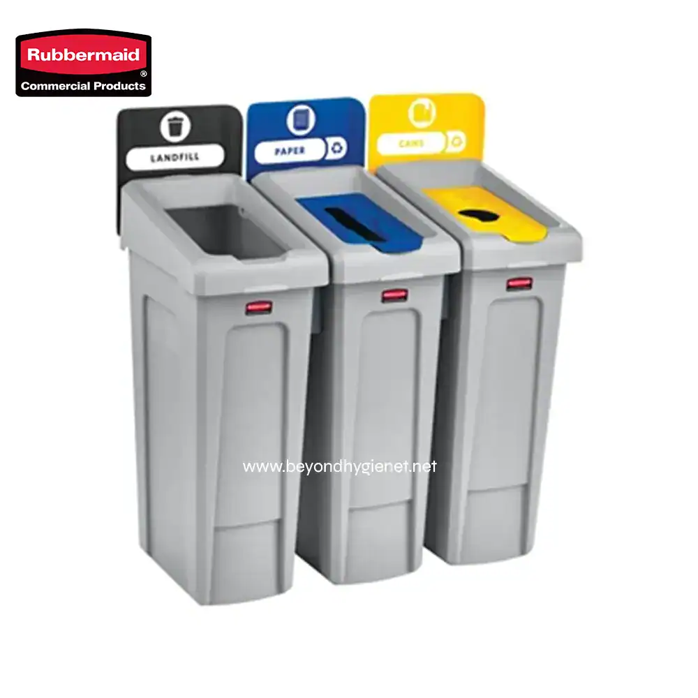 2 Recycling bin waste separation system for landfill, paper, and cans at Beyond Hygiene Asia. Durable, color-coded stations promote eco-friendly waste management and sustainable practices.