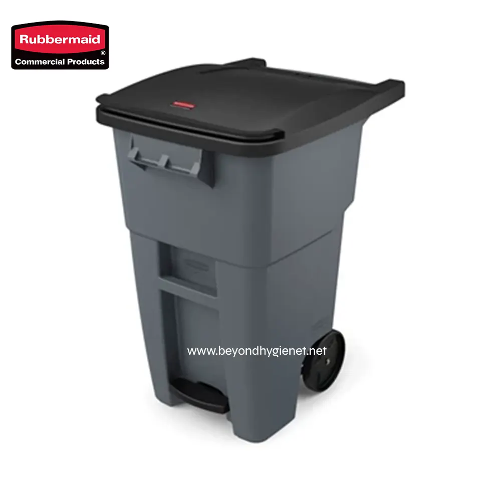 2 Rubbermaid commercial trash bin with lid and wheels for waste management and hygiene safety.