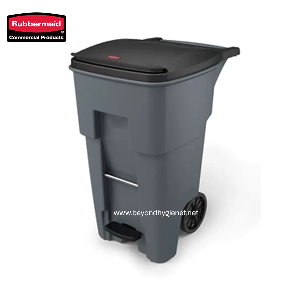 2 Rubbermaid commercial recycling bin, gray with black lid for waste separation, durable waste management solution, suitable for office and public spaces.
