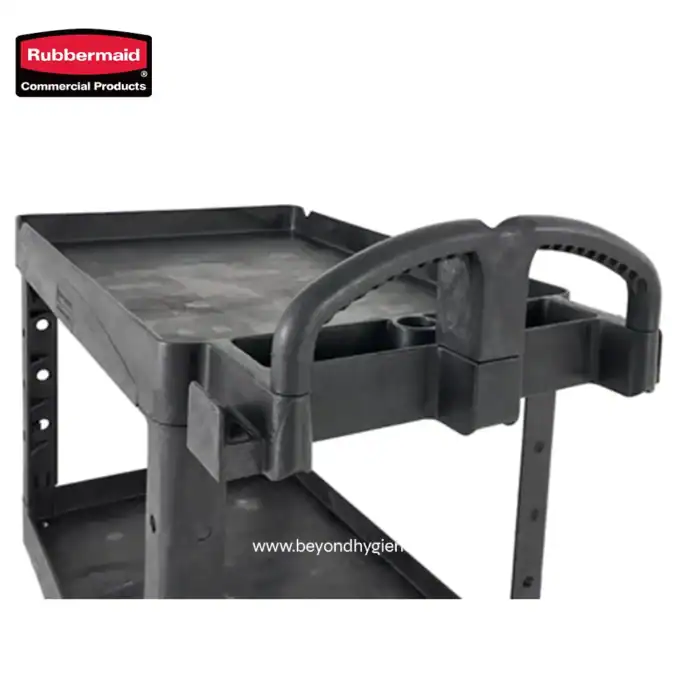 Rubbermaid cleaning cart with durable plastic surfaces, multiple compartments, and ergonomic handle, ideal for commercial hygiene and sanitation needs.