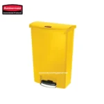 Yellow rubbermaid waste bin for waste disposal in commercial restrooms.