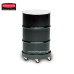 Rubbermaid industrial waste bin on wheels, black with multiple compartments, ideal for commercial hygiene and waste management solutions in Asia.