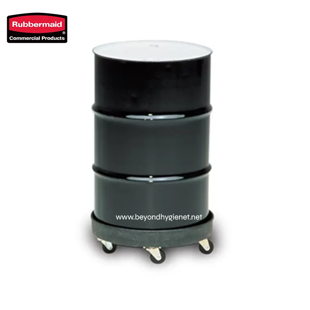 2 Rubbermaid industrial waste bin on wheels, black with multiple compartments, ideal for commercial hygiene and waste management solutions in Asia.