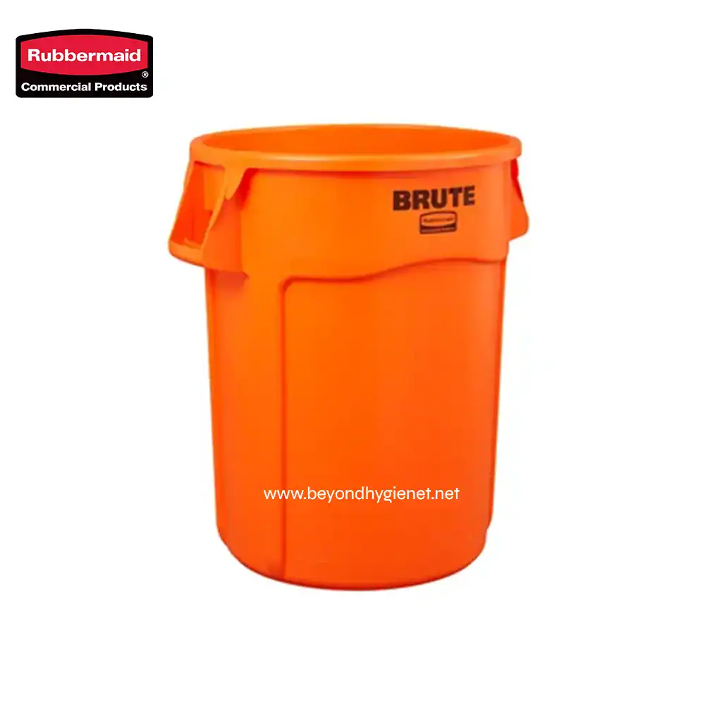 2 Rubbermaid commercial orange trash bin, durable waste container for sanitation and waste management in public and commercial spaces.