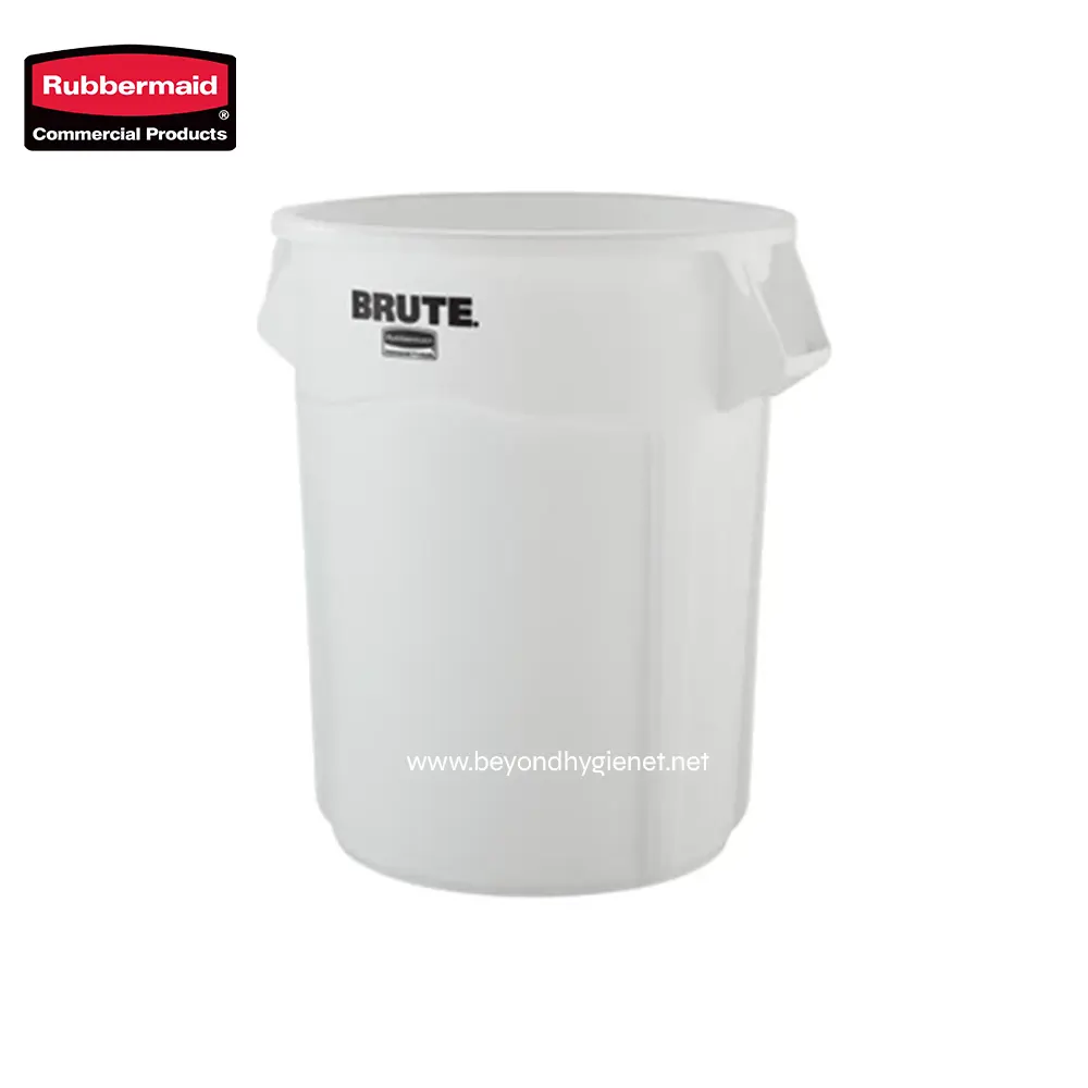 2 Rubbermaid Brute Commercial Trash Bin, Durable Heavy-Duty Plastic Waste Container for Industrial and Office Use.