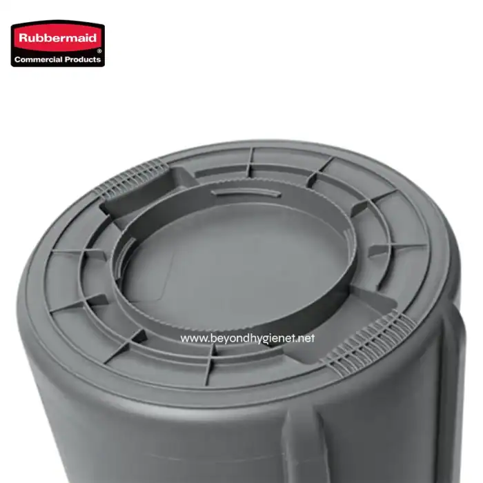 Rubbermaid commercial waste bin lid, durable plastic design, hygienic waste disposal solution, ideal for business and public spaces, easy to clean and dispose.