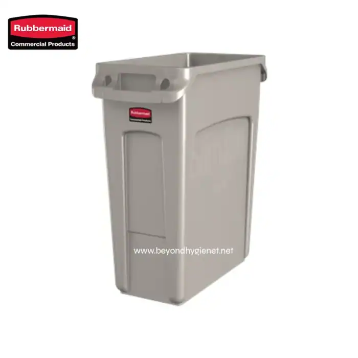 Rubbermaid commercial trash bin, durable stainless steel waste receptacle for office or industrial use.