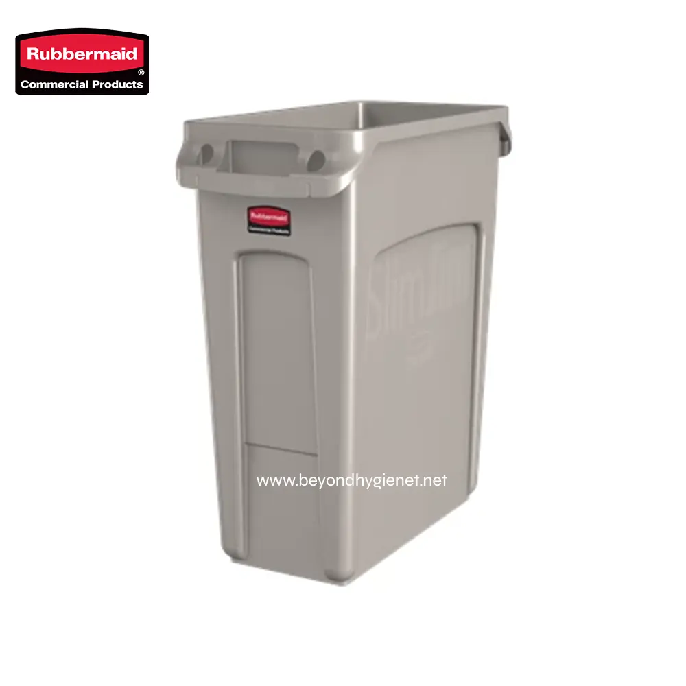 2 Rubbermaid commercial trash bin, durable stainless steel waste receptacle for office or industrial use.