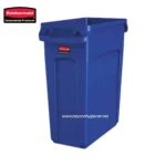 Rubbermaid blue waste bin for commercial hygiene and sanitation solutions.