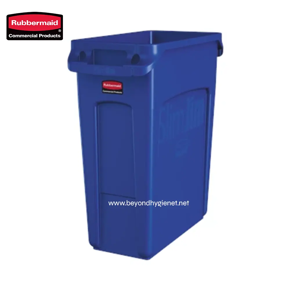 2 Rubbermaid blue waste bin for commercial hygiene and sanitation solutions.