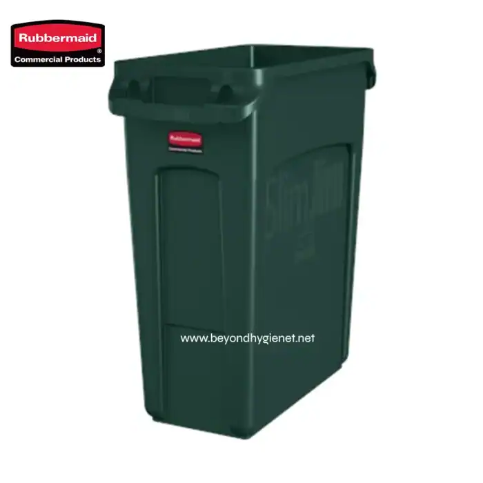 Rubbermaid commercial trash bin for waste disposal in commercial spaces.