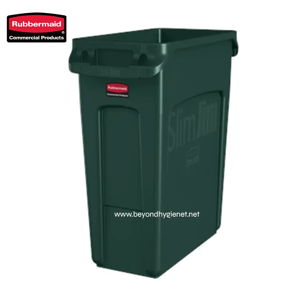 2 Rubbermaid commercial trash bin for waste disposal in commercial spaces.