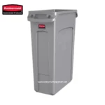 Rubbermaid commercial trash bin for waste disposal, durable and hygienic, ideal for public and commercial spaces. High-quality waste receptacle promoting cleanliness and sanitation.