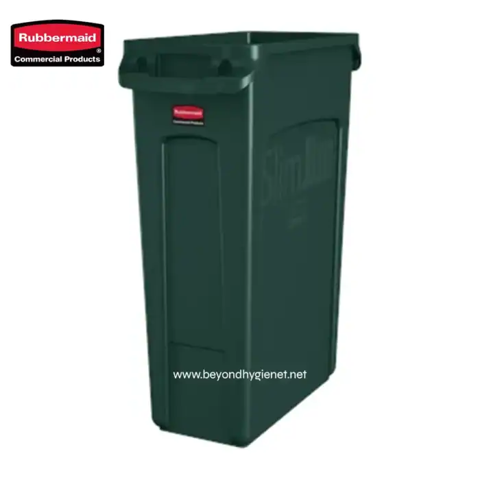 Rubbermaid Slim Jim trash bin for commercial waste disposal, durable and space-saving designed for efficient sanitation.