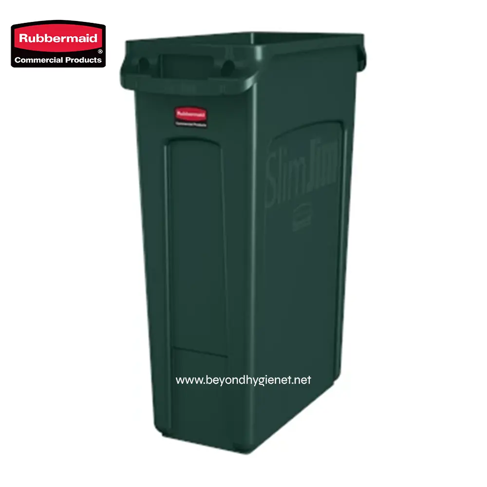 2 Rubbermaid Slim Jim trash bin for commercial waste disposal, durable and space-saving designed for efficient sanitation.