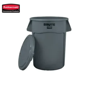 Rubbermaid commercial trash bin, gray outdoor waste container with lid, durable hygiene waste disposal for public spaces.