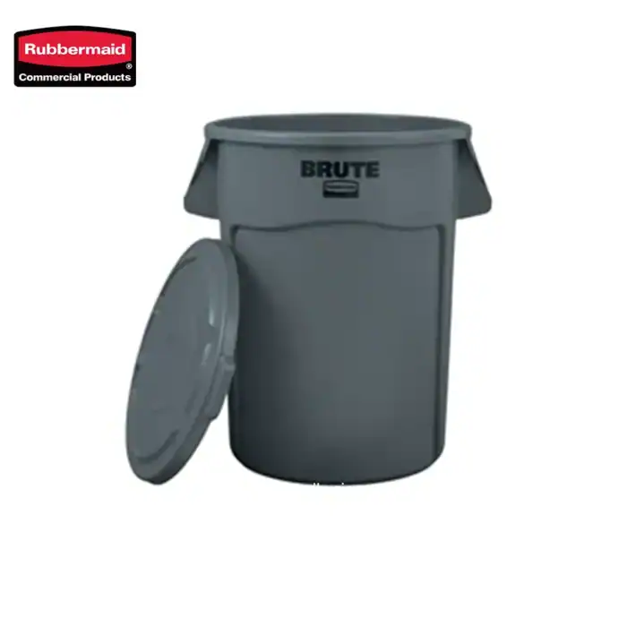 Rubbermaid commercial trash bin, gray outdoor waste container with lid, durable hygiene waste disposal for public spaces.