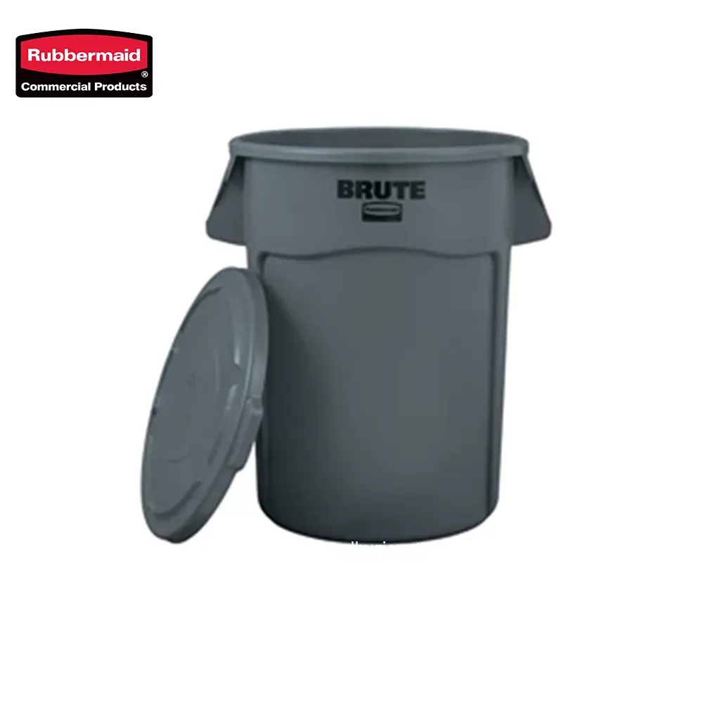 2 Rubbermaid commercial trash bin, gray outdoor waste container with lid, durable hygiene waste disposal for public spaces.
