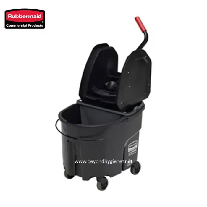 Rubbermaid commercial cleaning push cart with built-in mop bucket for efficient sanitation and janitorial tasks. Designed for professional cleaning services and facility maintenance.