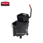 Safety mop bucket and wringer system for commercial cleaning, durable black plastic construction with wheels for easy maneuverability, ideal for professional janitorial services and hygiene maintenance.