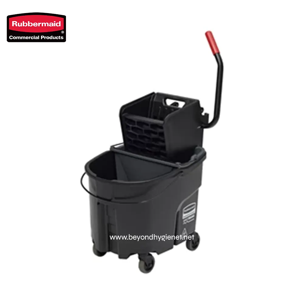 2 Safety mop bucket and wringer system for commercial cleaning, durable black plastic construction with wheels for easy maneuverability, ideal for professional janitorial services and hygiene maintenance.