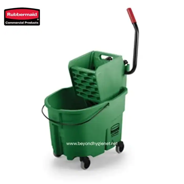 Rubbermaid commercial cleaning cart with mop bucket and wringer for janitorial and hygiene sanitation.