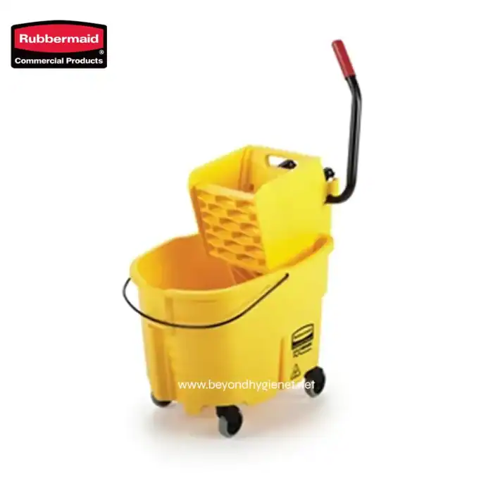 Yellow commercial cleaning cart with mop bucket and wringer for professional janitorial use, ideal for hygiene and sanitation in commercial spaces.